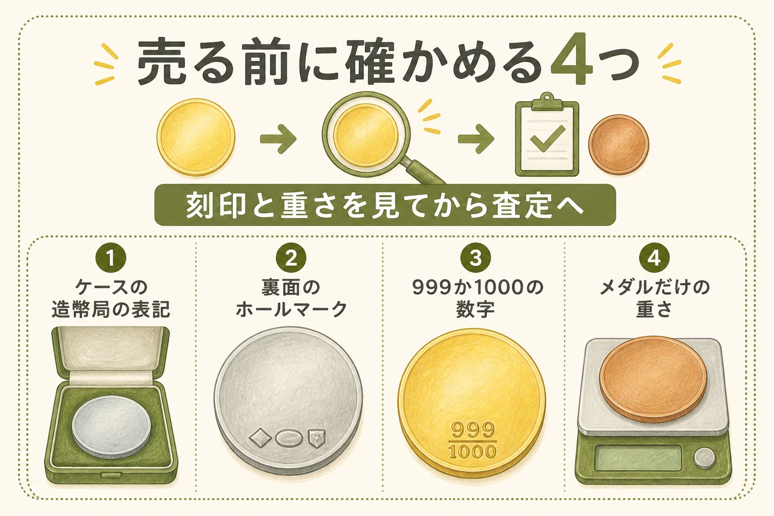 造幣局の純金メダルを売る前に確かめる4つの点の図解